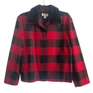 Talbots Soft Red & Black Buffalo Plaid 100% Wool Full Zip Faux Fur Collar Jacket